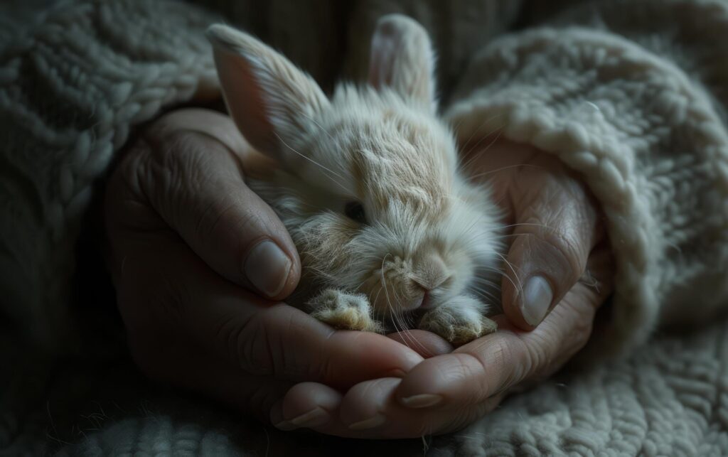 A newborn rabbit, soft and serene, lies comfortably in the gentle embrace of caring hands Free Photo