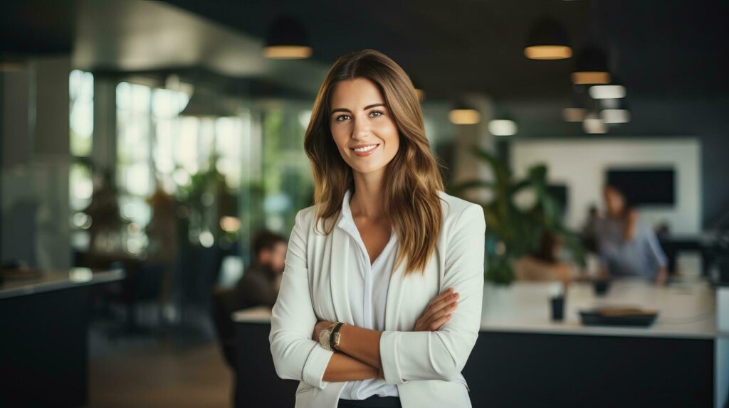 AI generated A photo of an female entrepreneur business woman in modern office Stock Free