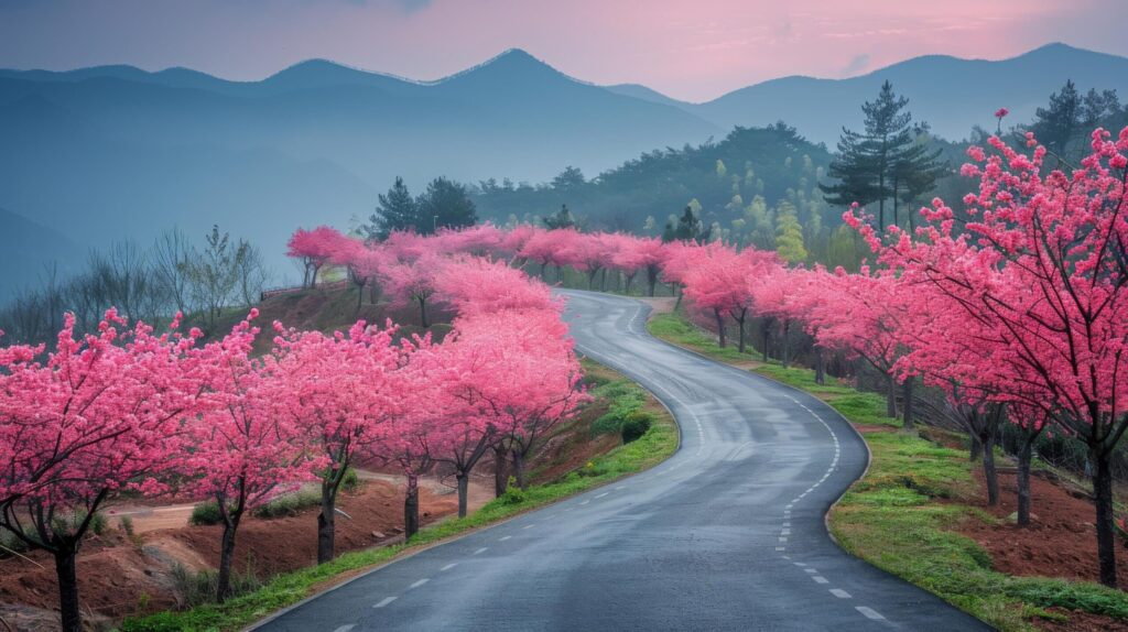 A Painting of a Road With Pink Flowers Free Photo