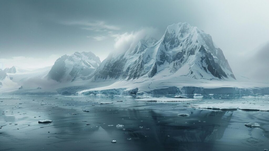 A panoramic shot of the pristine and icy mountain landscape of Antarctica under a subdued sky. Free Photo