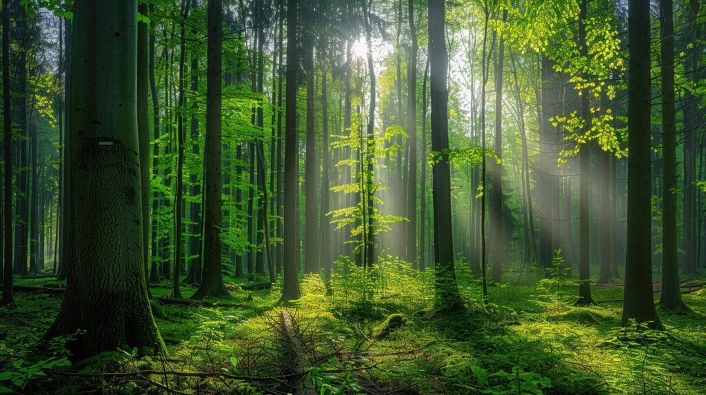 A Panoramic view of a serene forest landscape with sunlight piercing through the canopy of tall green trees. Free Photo