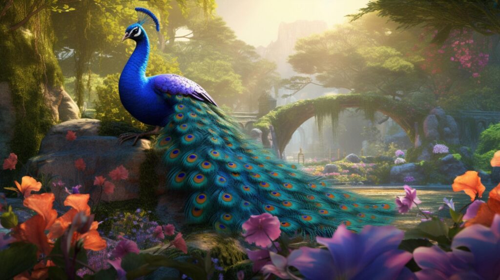 a peacock is standing in the middle of a forest Free Photo