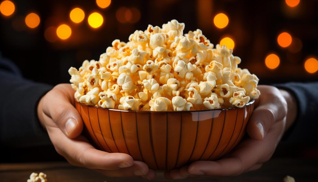 A person holding a bowl, eating fresh popcorn at the movies generated by AI Free Photo