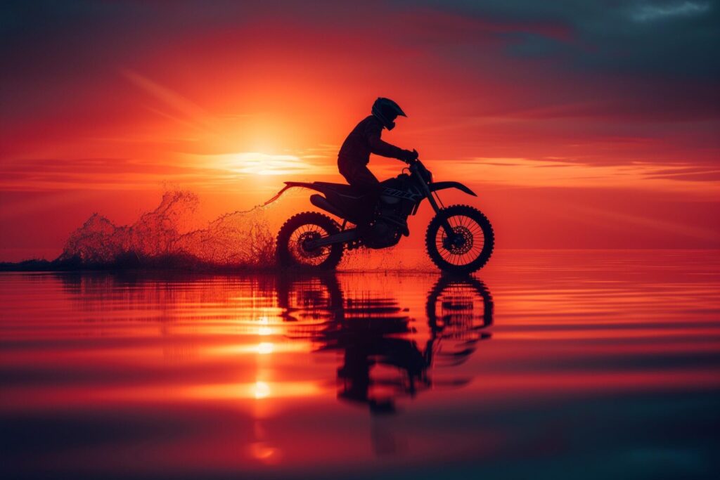 a person riding a motorcycle on the water at sunset Free Photo