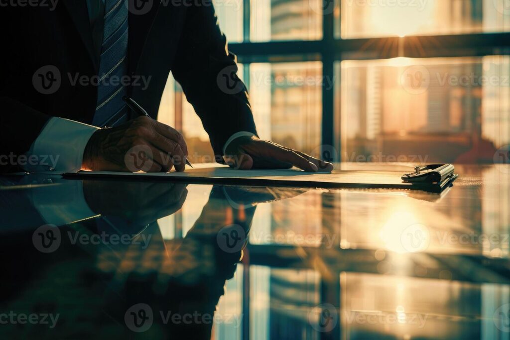 AI generated A person signing a document at a desk. Business agreement, terms and conditions, commitment concept Pro Photo