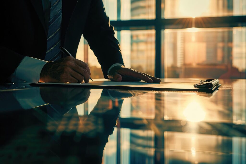 A person signing a document at a desk. Business agreement, terms and conditions, commitment concept Free Photo