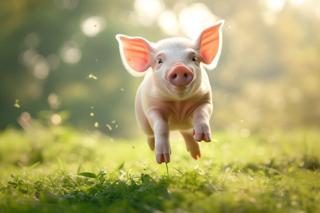 a pig is running on a green field Free Photo