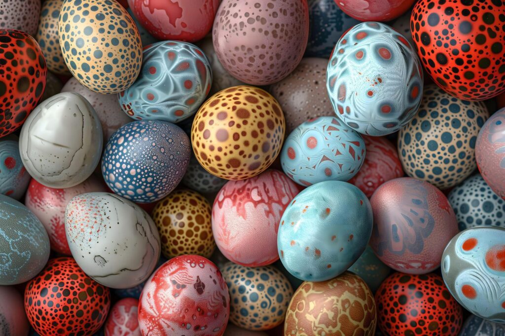 A pile of Easter eggs showcasing pastel shades and playful patterns Free Photo