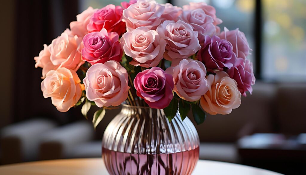 A pink bouquet decorates the table, adding romance and elegance generated by AI Free Photo