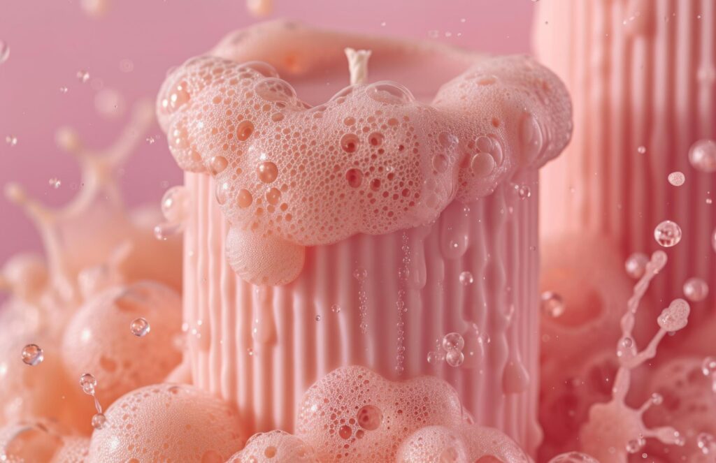 a pink candle with soft bubbles and beads Free Photo