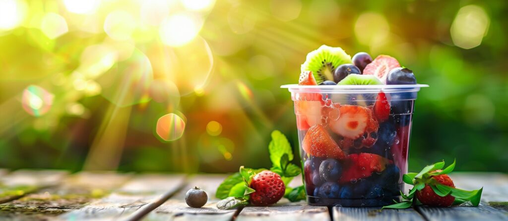 a plastic cup with mix of fresh fruits. healty drinks concept background Free Photo