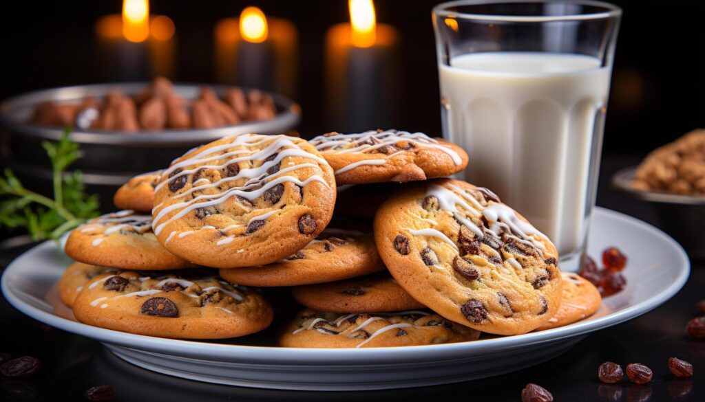 A plate of homemade chocolate chip cookies on a rustic table generated by AI Free Photo