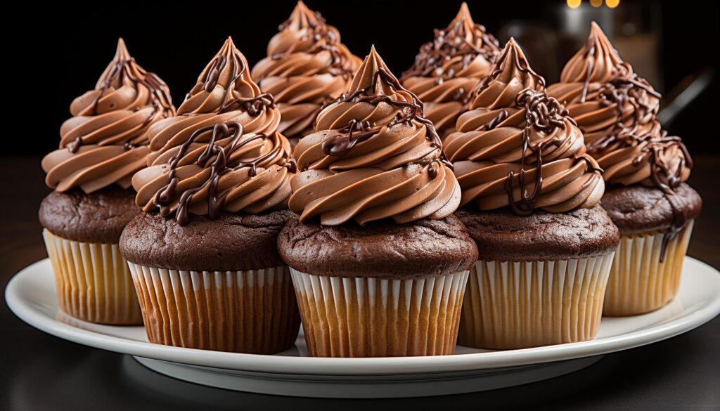 A plate of homemade chocolate chip muffins, a sweet temptation generated by AI Free Photo