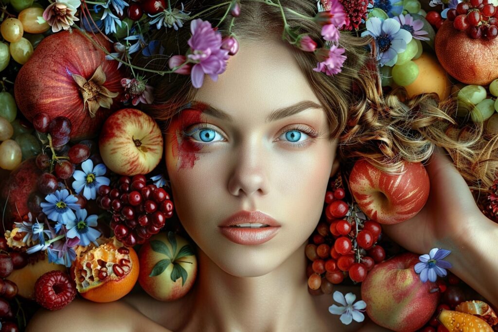 A Portrait of a beautiful woman with blue eyes surrounded by a whimsical swirl of fresh fruits and colorful flowers. Free Photo