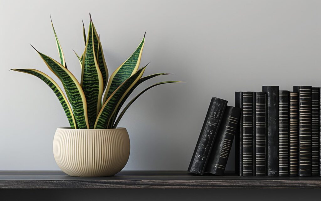 A potted snake plant adds a touch of greenery to a minimalist shelf arrangement Free Photo