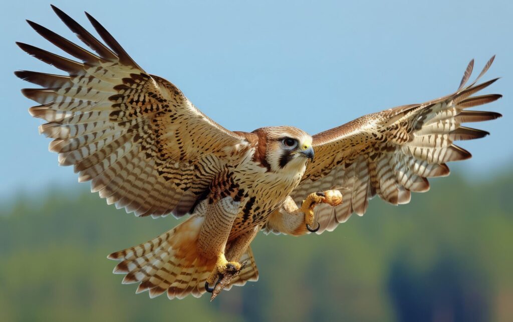 A powerful falcon ascends with precision, clutching its fresh catch Free Photo