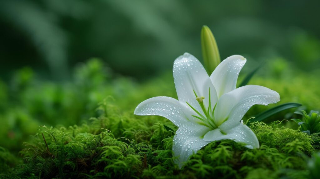 A pristine white lily emerging from a bed of emerald moss Free Photo