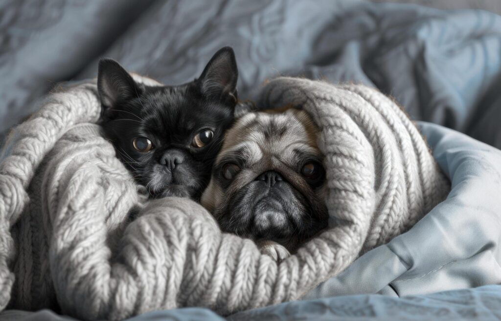 a pug dog in a pillow with a cat on it Free Photo