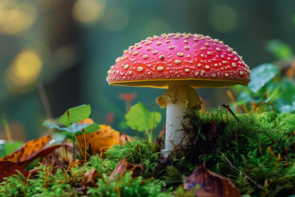 a red mushroom sits under the moss of the forest Free Photo