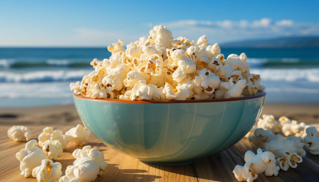 A refreshing snack on a wooden table by the beach generated by AI Free Photo