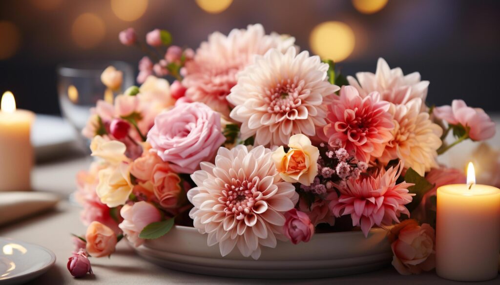 A romantic table decor candlelight, flower arrangement, elegance, and love generated by AI Free Photo