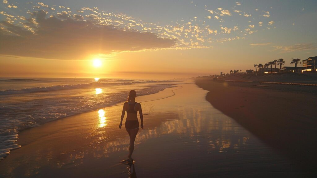 A runner stretching before a morning jog along the beach Free Photo