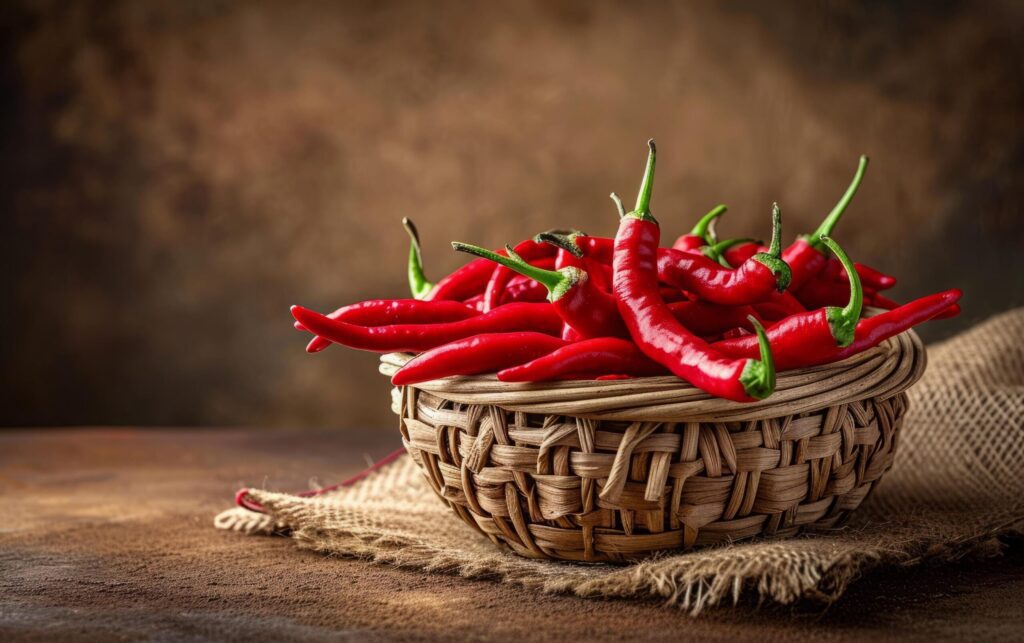 A rural basket heaped with glowing red chili peppers Free Photo