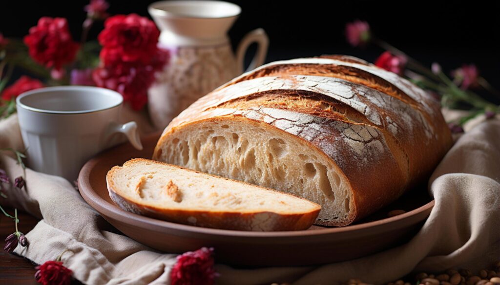 A rustic table, homemade bread, fresh ingredients, healthy meal generated by AI Free Photo