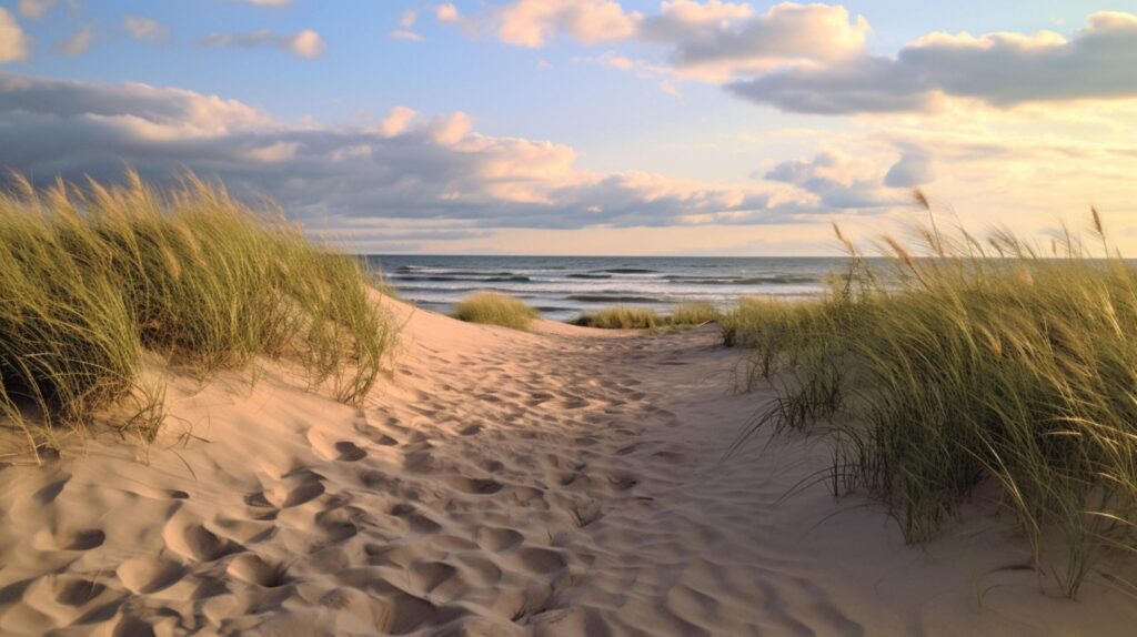 a sand castle on the beach with blue sky Free Photo