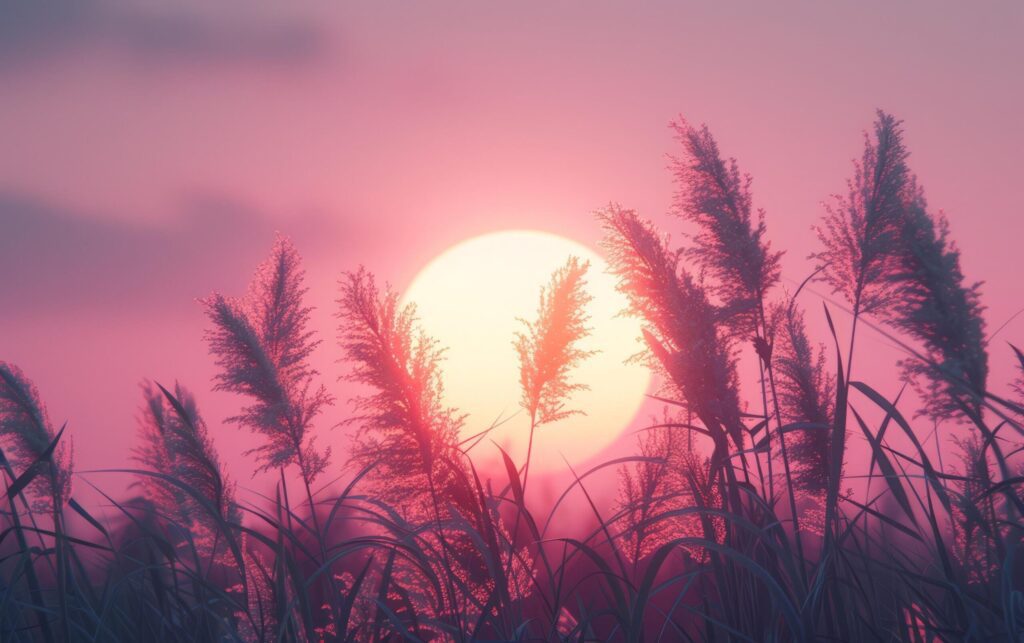 A serene sunset bathed in pastel hues forms the perfect backdrop for the delicate dance of reeds swaying in a gentle breeze Free Photo