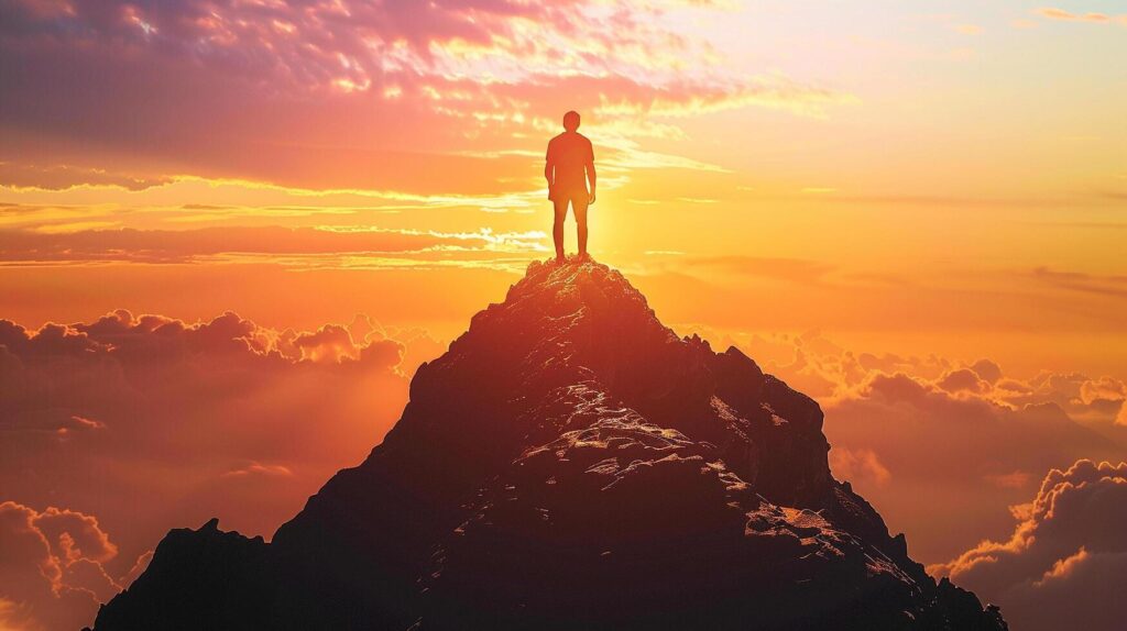 
									AI generated A silhouette of a person standing on top of a mountain peak looking out at a sunset symbolizing reaching business goals Stock Free