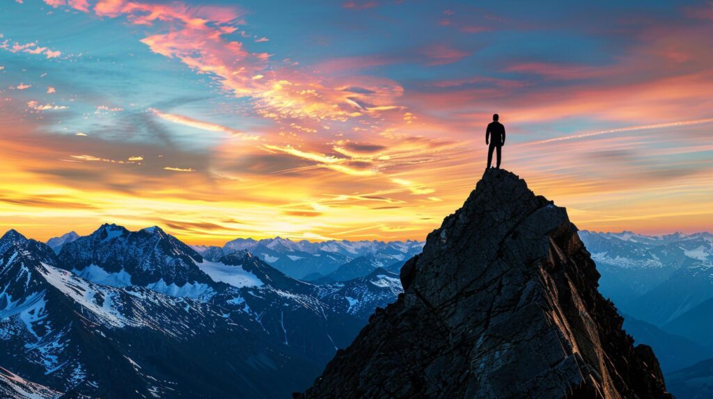 A silhouette of a person standing on top of a mountain peak looking out at a sunset symbolizing reaching business goals Free Photo