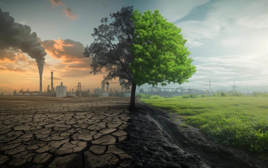 A single lush green tree stands on the boundary of a cracked, barren land and a vibrant grassy field Free Photo