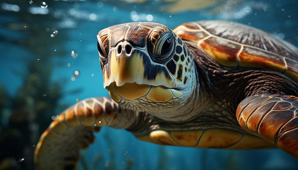 A slow sea turtle swimming in the blue underwater generated by AI Free Photo