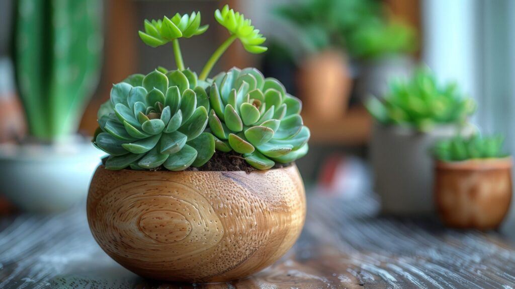 A small succulent plant sits on the table. Complete with potted plants and small leaves. Free Photo