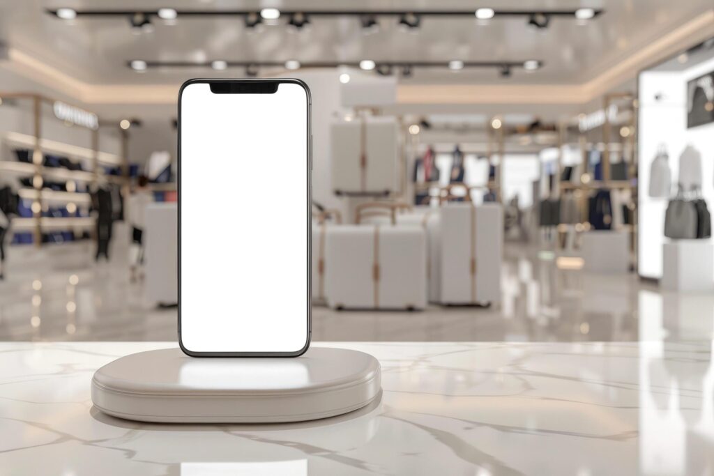 A smartphone with a blank screen perched on a round pedestal inside a spacious and elegant retail shop Free Photo