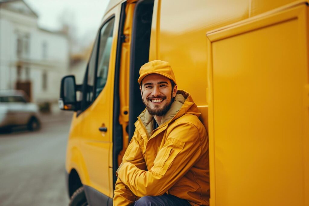 AI generated a smiling business delivery man near a van and a delivery box Stock Free