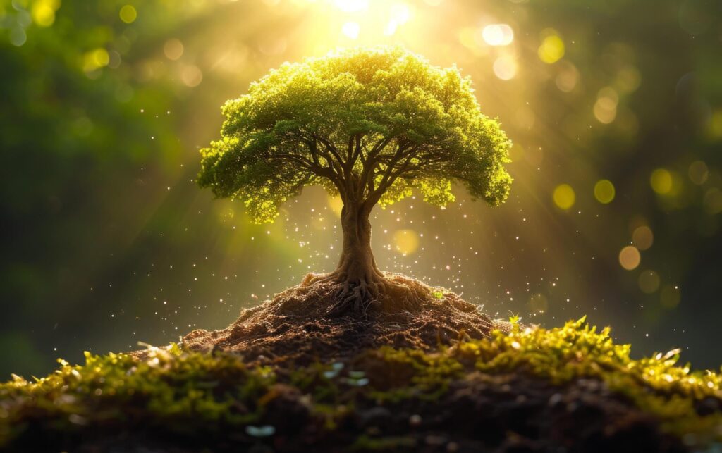 A solitary tree stands on a small hill, its leaves basking in the ethereal glow of sunlight Free Photo