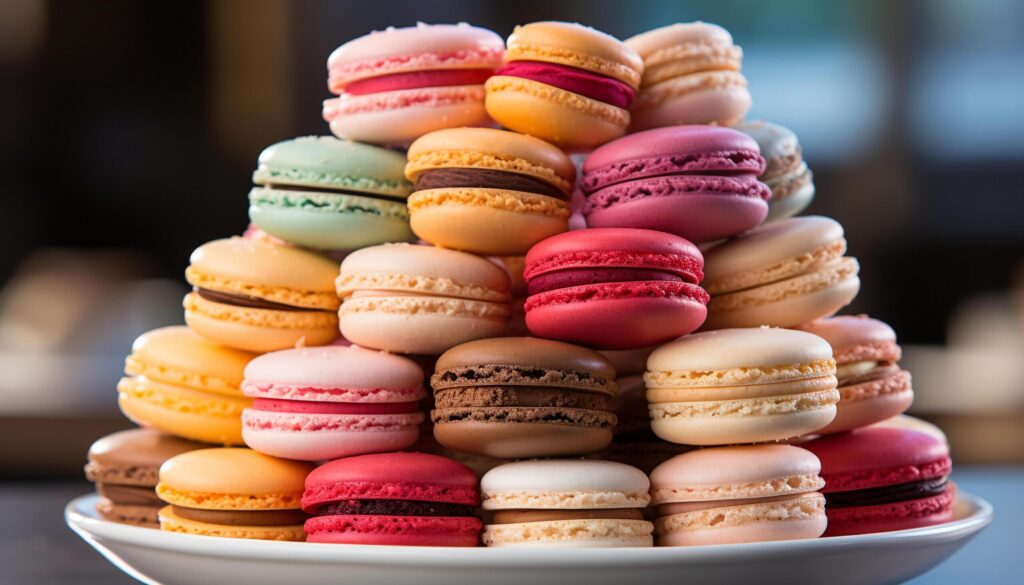 A stack of colorful macaroons, a French gourmet delight generated by AI Free Photo