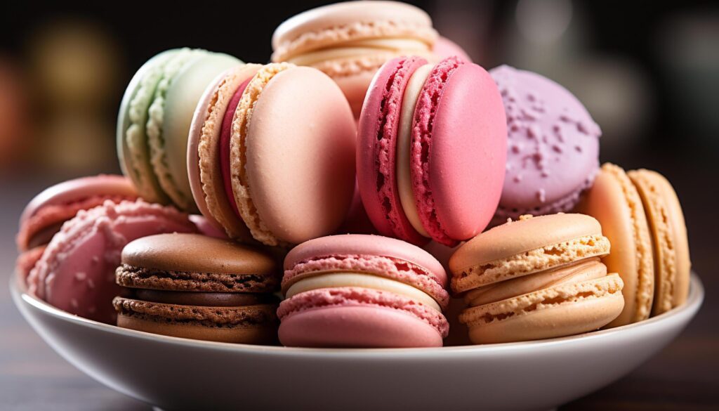 A stack of colorful macaroons, a sweet French indulgence generated by AI Free Photo