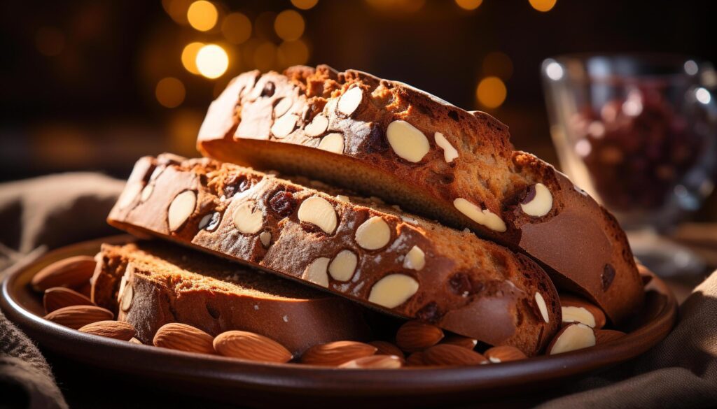 A stack of homemade chocolate almond cookies on rustic wood generated by AI Free Photo