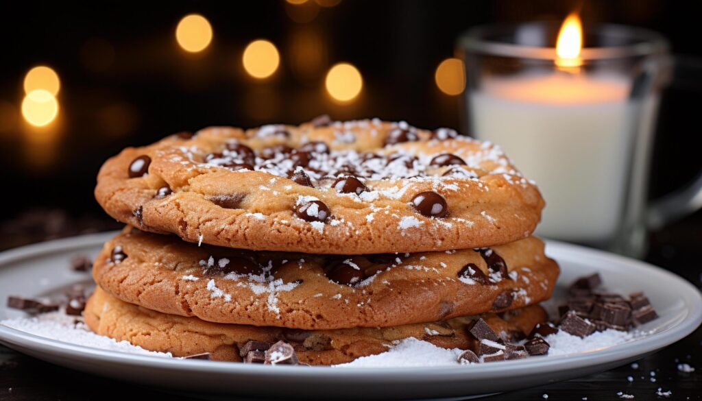 A stack of homemade chocolate chip cookies on a rustic table generated by AI Free Photo