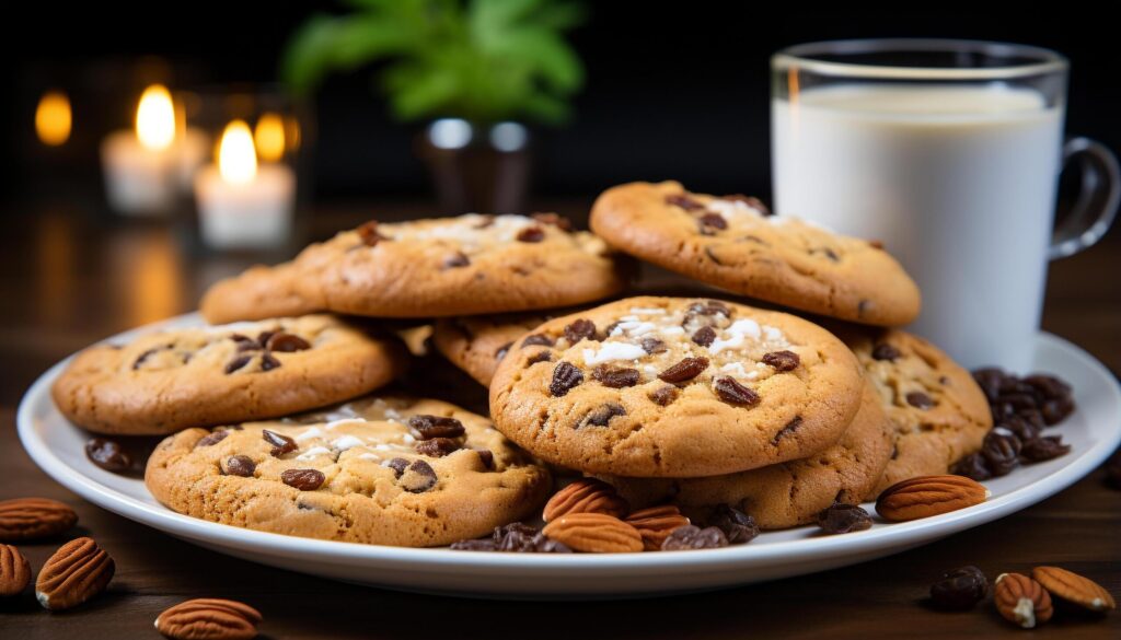 A stack of homemade chocolate chip cookies on a table generated by AI Free Photo