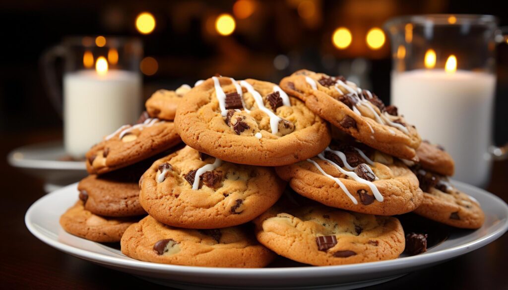 A stack of homemade chocolate chip cookies on a wooden table generated by AI Free Photo