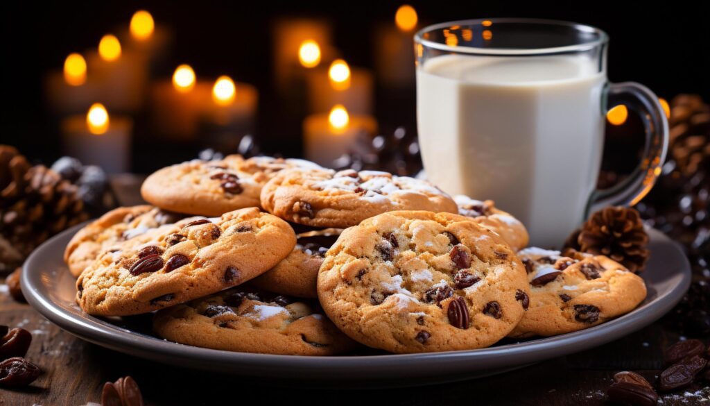 A stack of homemade chocolate chip cookies on rustic table generated by AI Free Photo