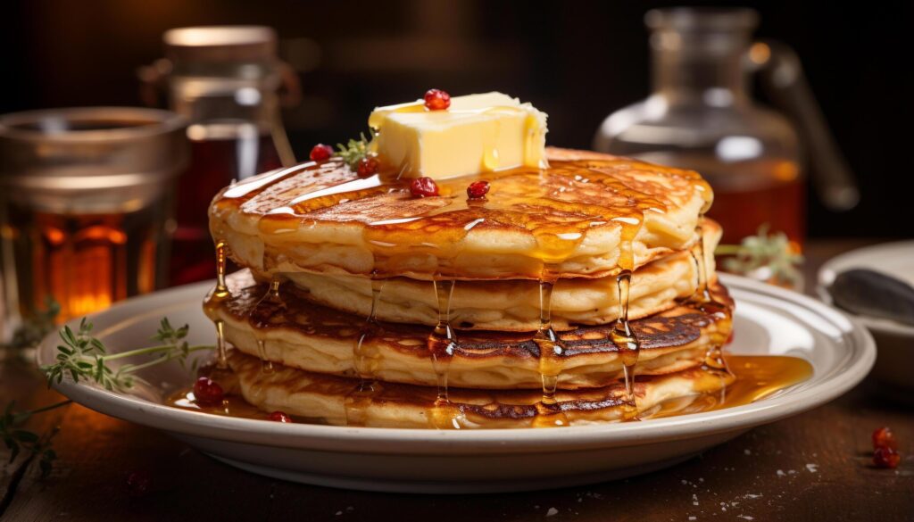 A stack of homemade pancakes, sweet and fresh generated by AI Free Photo