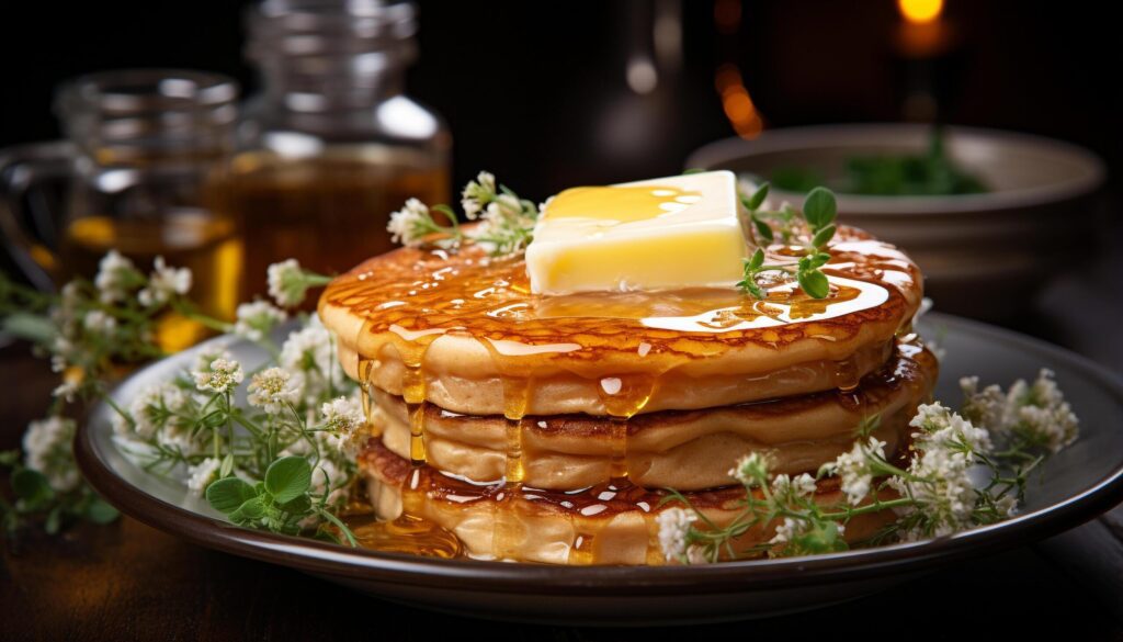 A stack of homemade pancakes with fresh berries and honey generated by AI Free Photo