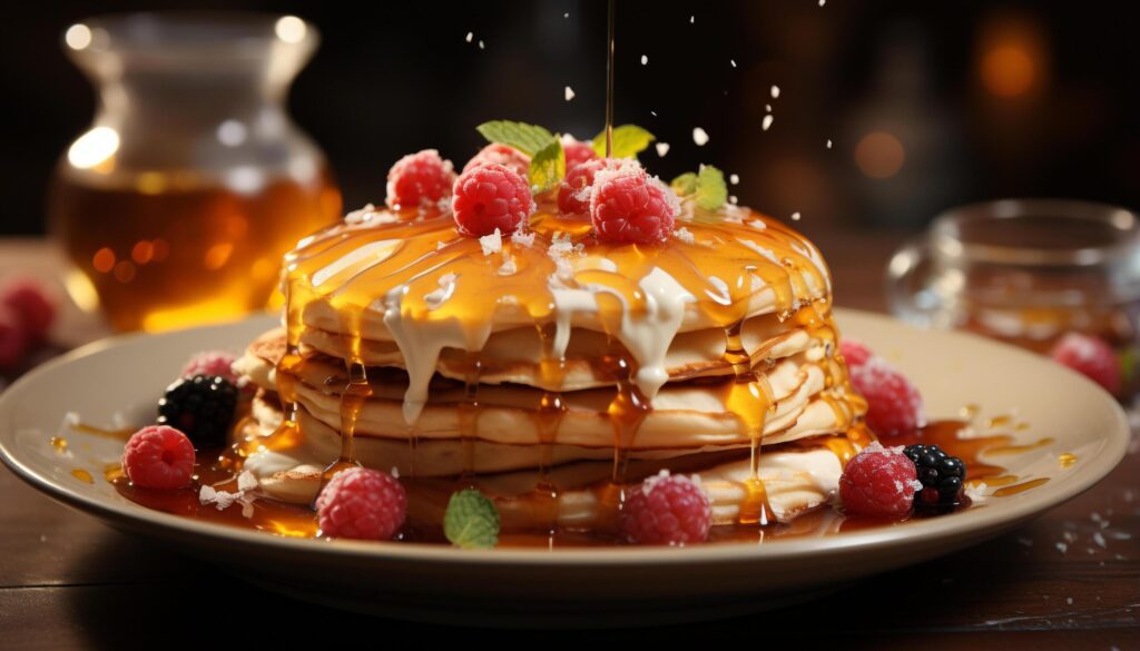 A stack of homemade pancakes with fresh berries and syrup generated by AI Free Photo