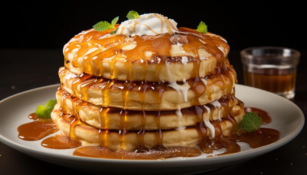 A stack of sweet pancakes with fresh berries and syrup generated by AI Free Photo