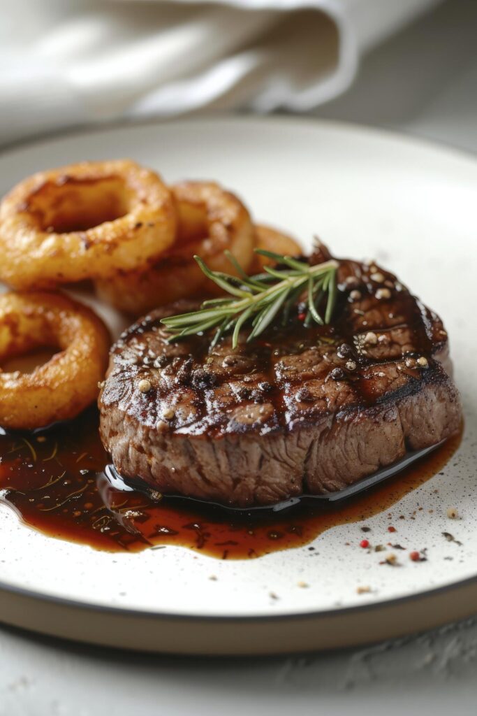 A steak served with peppercorn sauce and accompanied by onion rings, presented on a white background. Free Photo